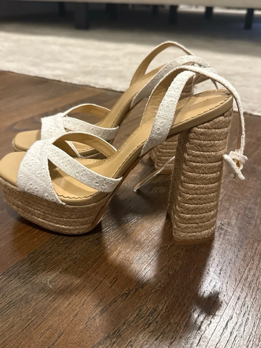 Hill House White Lace Crisscross Block Heel Sandals